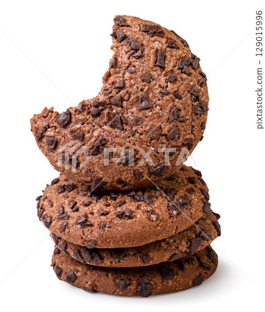 Chocolate cookies and a bitten piece on a white background. Isolated 129015996