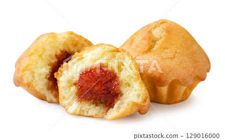 Muffin and two halves with jam close-up on a white. Isolated 129016000