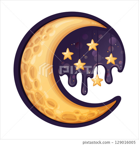Moon with star in circle vector cartoon illustration. Yellow crescent with glowing stars on dark blue sky in dreamy bedtime style. Great for book cover or nursery design. Perfect for sweet kid card. 129016005
