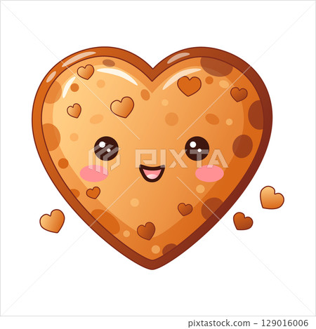 Cute kawaii food cookie heart shaped character in cartoon style. Smiling brown dessert with sweet face in simple vector design. Great for party sticker or web icon. Perfect for kid card and baby menu. Cute kawaii food cookie heart shaped character in cartoon style. Smiling brown dessert with sweet face in simple vector design. Great for party sticker or web icon. Perfect for kid card and baby menu. 129016006