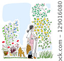 Illustration of a woman smelling flowers while working in the garden 129016080