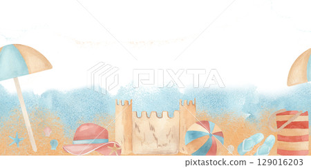 Seamless horizontal pattern Watercolor hand drawn beach accessories, ball and parasol beach on sand and sea background. Ideal for summer invitations, travel blogs, greeting cards, or seasonal decor 129016203