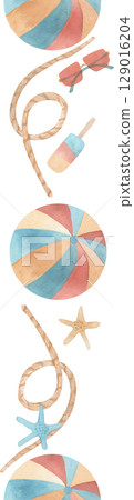 Seamless pattern pattern. summer vertical watercolor illustration marine style with a ball, ice cream, sunglasses, ropes, sea stars and. Hand drawn illustration for cards, party invitations, banners 129016204