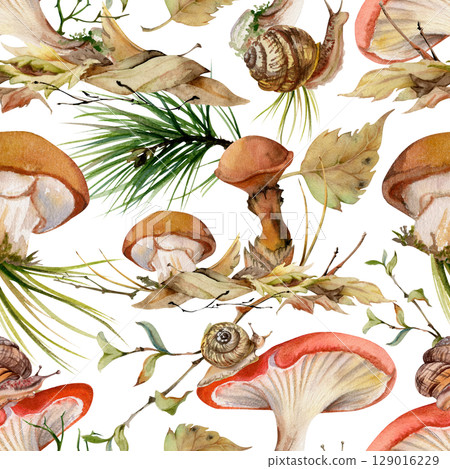 Russula webcap Suillus larch bolete slippery jack mushroom. Fungi natural seamless pattern hand drawn in watercolor. Crawling snail on cap, on top of fallen autumn leaves pile with twigs, pine needles Russula webcap Suillus larch bolete slippery jack mushroom. Fungi natural seamless pattern hand drawn in watercolor. Crawling snail on cap, on top of fallen autumn leaves pile with twigs, pine needles 129016229