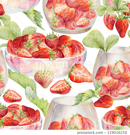 Strawberry with leaves in glass bowls, hand drawn in watercolor, scattered ripe picked berry harvest. Isolated seamless pattern. Dessert cafe menu cookbook, textile, craft farmers market, gardening 129016258