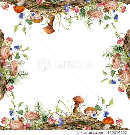 Suillus slippery jack larch bolete milk-cap mushroom, blackberry cranberry. Hand drawn watercolor square border frame. Fallen autumn leaves twigs needles, moss lichen growth on bark. Label tag cards 129016262