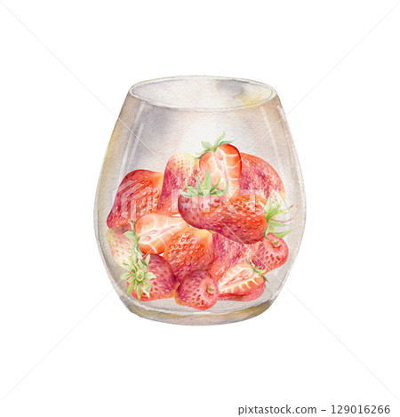 Strawberry full and cut in half served in translucent glass, ripe picked berry pineberry strasberry snakeberry harvest. Isolated illustration hand drawn in watercolor. Farmers market grocery preserves Strawberry full and cut in half served in translucent glass, ripe picked berry pineberry strasberry snakeberry harvest. Isolated illustration hand drawn in watercolor. Farmers market grocery preserves 129016266