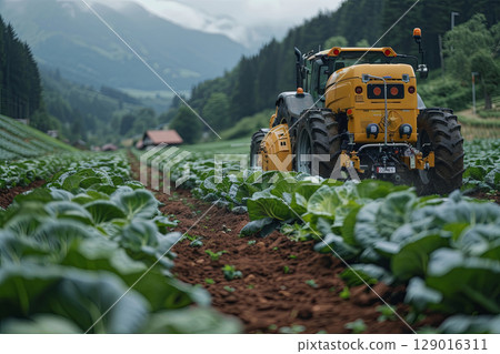 Modern Tractor in Green Cabbage Field with Rolling Hills 129016311