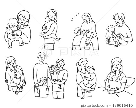 Children, family, parent and child, baby set, line drawing 129016410
