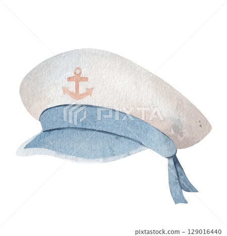 Watercolor illustration of a sailor cap with a blue visor and anchor symbol on a white background. Perfect for nautical-themed designs, cards, posters, and marine projects 129016440