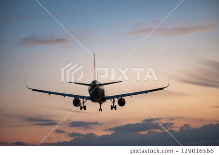 黃昏時分的仙台機場，飛機降落，宮城縣名取市 129016566