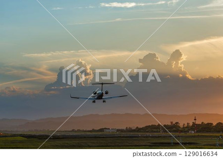 Sendai Airport at dusk, airplane landing, Natori City, Miyagi Prefecture Sendai Airport at dusk, airplane landing, Natori City, Miyagi Prefecture 129016634
