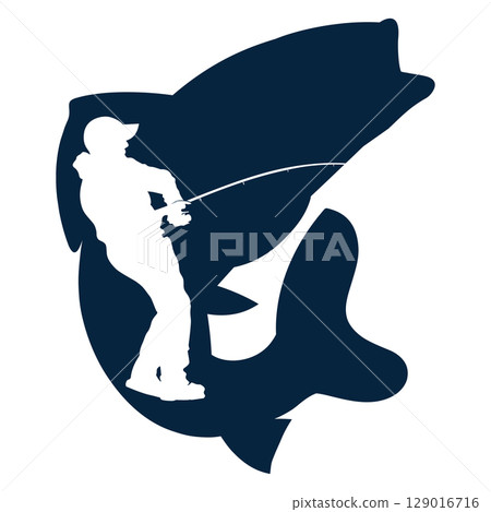 Fisherman with a fishing rod on the background of fish, design for fishing Fisherman with a fishing rod on the background of fish, design for fishing 129016716