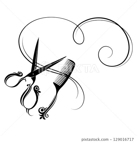 Hairdressing scissors, comb and heart-shaped curls of hair 129016717