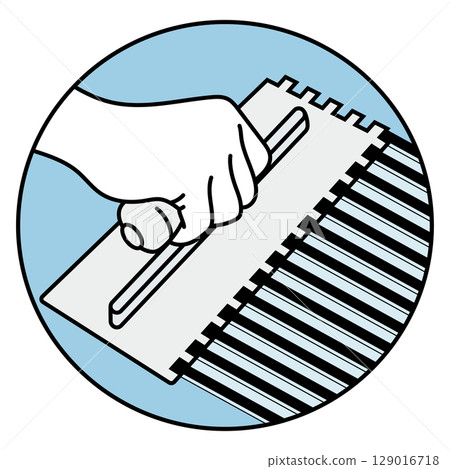 Notched trowel in hand and waves of plaster glue symbol 129016718
