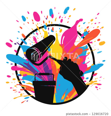 Paint roller in hand and colored paint splashes design 129016720