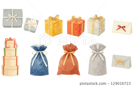 禮品盒和包裝袋水彩插圖套裝 - 適用於生日、聖誕節、情人節和其他送禮場合 禮品盒和包裝袋水彩插圖套裝 - 適用於生日、聖誕節、情人節和其他送禮場合 129016723