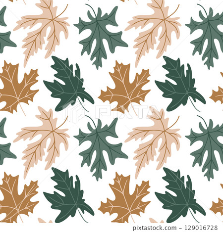 Seamless pattern of multicolored maple leaves in earthy tones on white background 129016728
