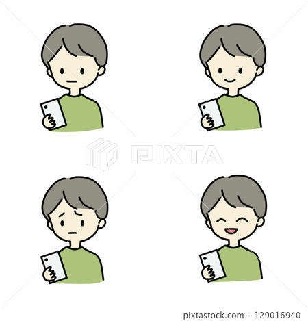 Facial expression of a man touching a smartphone 129016940