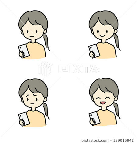 Facial expression of a woman touching a smartphone 129016941