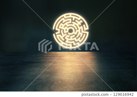Glowing circular maze symbol in dark empty room 129016942