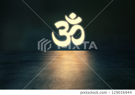 Glowing Om symbol in dark empty room 129016944