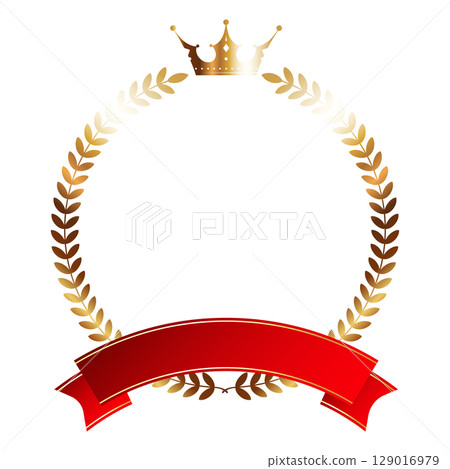 Golden crown, golden branches and red ribbon. Beautiful coat of arms design Golden crown, golden branches and red ribbon. Beautiful coat of arms design 129016979