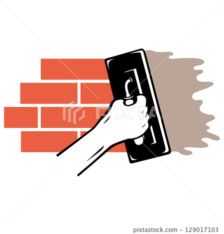 Spatula in hand spreads plaster on a brick wall Spatula in hand spreads plaster on a brick wall 129017103