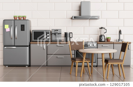 Kitchen interior with wooden table and chairs 3d render. Modern pastel dining room with refrigerator, microwave, coffee machine, gas stove, range hood, beige tile wall and brown floor. 3D illustration 129017105
