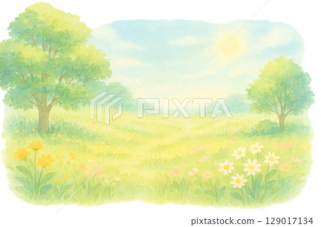 Landscape with fields and rapeseed flowers 129017134