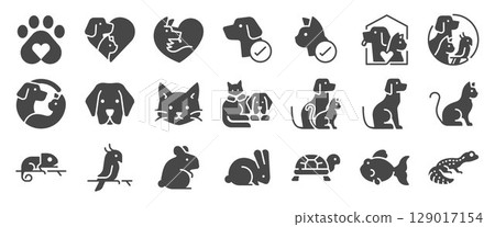 Pet friendly solid icon set. Included the icons as dog, cat, animals, bird, fish, and more. 129017154