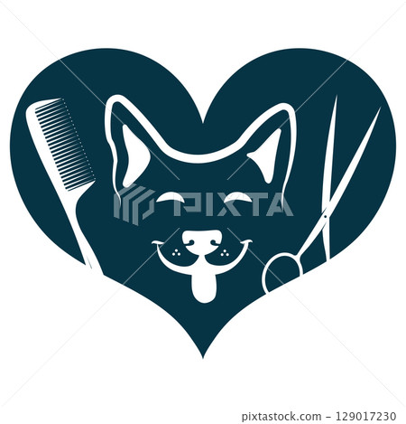 Funny dog face in heart symbol, scissors and comb. Symbol for grooming Funny dog face in heart symbol, scissors and comb. Symbol for grooming 129017230