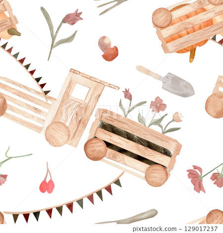 Watercolor garden-themed seamless pattern with a wooden crate train carrying flowers, bunting, shovel, trowel, bulbs, and blossoms. Ideal for children decor, gardening products, and spring prints Watercolor garden-themed seamless pattern with a wooden crate train carrying flowers, bunting, shovel, trowel, bulbs, and blossoms. Ideal for children decor, gardening products, and spring prints 129017237