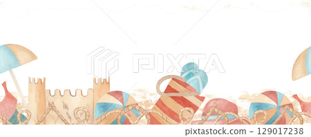Seamless horizontal pattern Watercolor hand drawn beach accessories, ball and parasol beach on sand and sea background. Ideal for summer invitations, travel blogs, greeting cards, or seasonal decor Seamless horizontal pattern Watercolor hand drawn beach accessories, ball and parasol beach on sand and sea background. Ideal for summer invitations, travel blogs, greeting cards, or seasonal decor 129017238