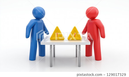 Global market tariff trade war. Two figures discussing warnings at a table with caution signs between them. Global market tariff trade war. Two figures discussing warnings at a table with caution signs between them. 129017329