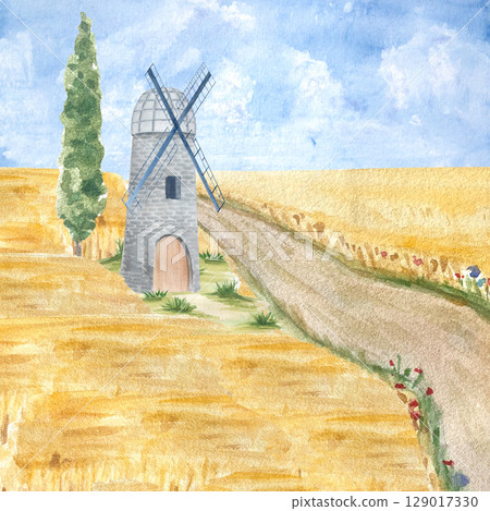 Stone windmill, a rural dirt road, golden wheat fields, and tall cypress, blue sky. Charming watercolor landscape ideal for greeting cards, wall art, book illustrations, and seasonal stationery 129017330