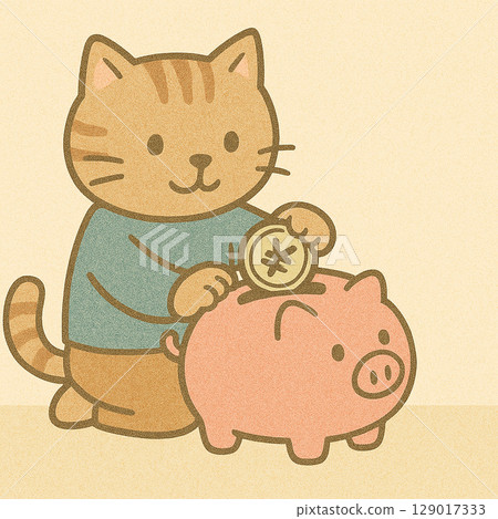 一隻貓把錢放進存錢筒的插圖 129017333