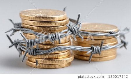 Global market tariff trade war. Stacks of coins wrapped in barbed wire, symbolizing financial struggle or security. Global market tariff trade war. Stacks of coins wrapped in barbed wire, symbolizing financial struggle or security. 129017342