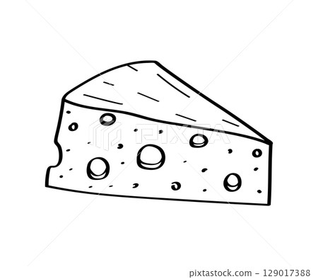 Cheese with holes vector doodle illustration. Piece of maasdam cheese. Isolated on white background. 129017388