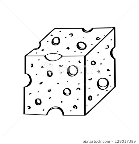 Cheese with holes vector doodle illustration. Piece of maasdam cheese. Isolated on white background. 129017389