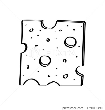 Cheese with holes vector doodle illustration. Piece of maasdam cheese. Isolated on white background. Cheese with holes vector doodle illustration. Piece of maasdam cheese. Isolated on white background. 129017390