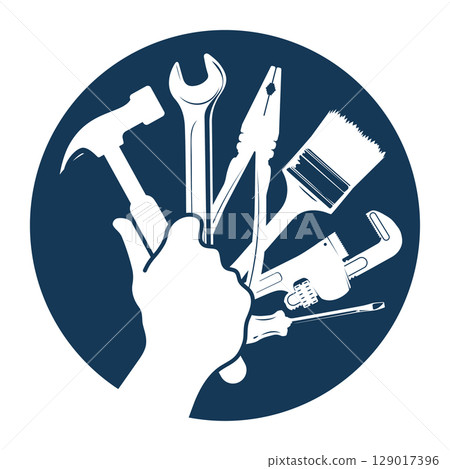 Hammer in hand and repair tool kit sign Hammer in hand and repair tool kit sign 129017396