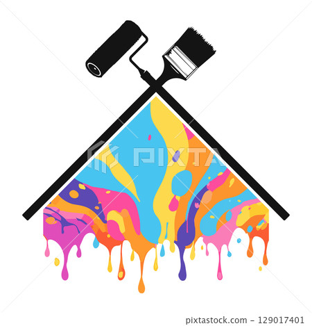 Roller with brush, colored paint drops flowing down and house symbol Roller with brush, colored paint drops flowing down and house symbol 129017401