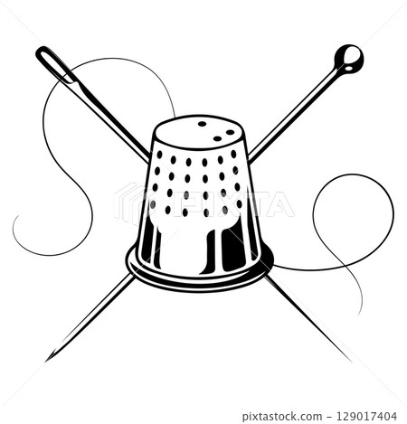 Thimble, sewing needle and pin. Symbol for sewing and cutting 129017404