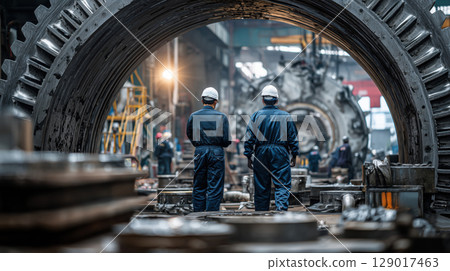 Industrial workers in factory setting, wearing protective gear, stand amidst large machinery and gears, highlighting scale and complexity 129017463