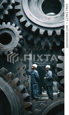 Two workers in protective gear inspect massive industrial gears, showcasing scale and complexity of machinery 129017464