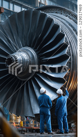 Two engineers in blue uniforms inspect large industrial turbine in factory setting. turbine metallic blades are prominent 129017469