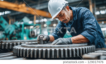 Focused industrial worker in hard hat and gloves inspects large machinery gears in factory setting 129017476
