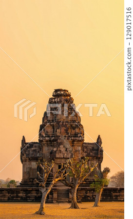 Ancient Temple in Golden Hour, Spiritual Journey, Tranquility, Architectural Beauty. Ideal for cultural tourism, historical sites, wellness, vertical shot Ancient Temple in Golden Hour, Spiritual Journey, Tranquility, Architectural Beauty. Ideal for cultural tourism, historical sites, wellness, vertical shot 129017516