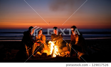 Beach Bonfire at Sunset, Cozy Evenings, Friendship, Serene Gatherings. Perfect for social events, travel, romantic moments 129017526